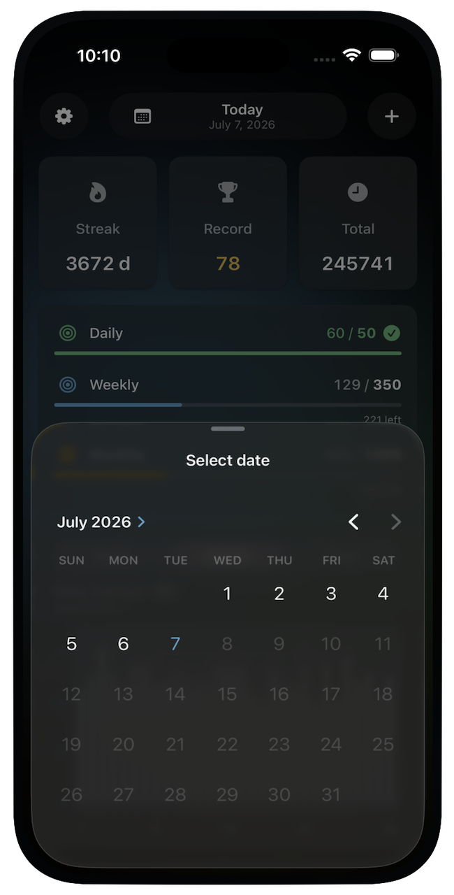 Calendar — select date for past workouts
