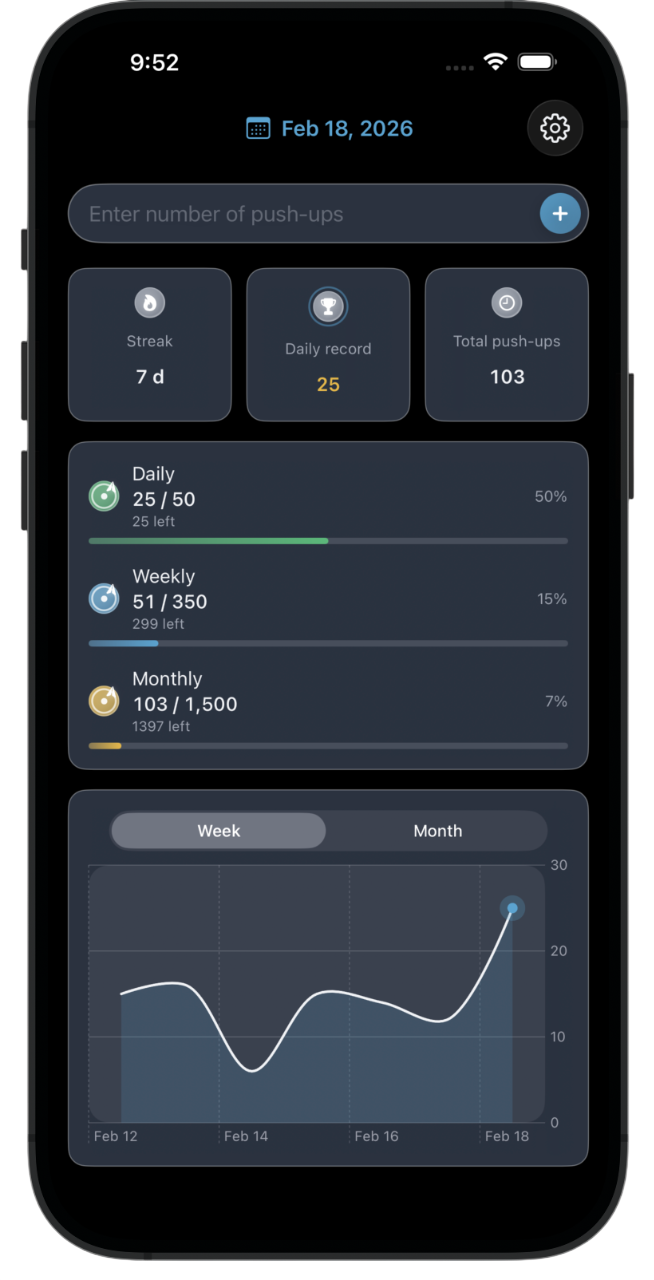 Main screen — enter push-ups, streak, daily record, total