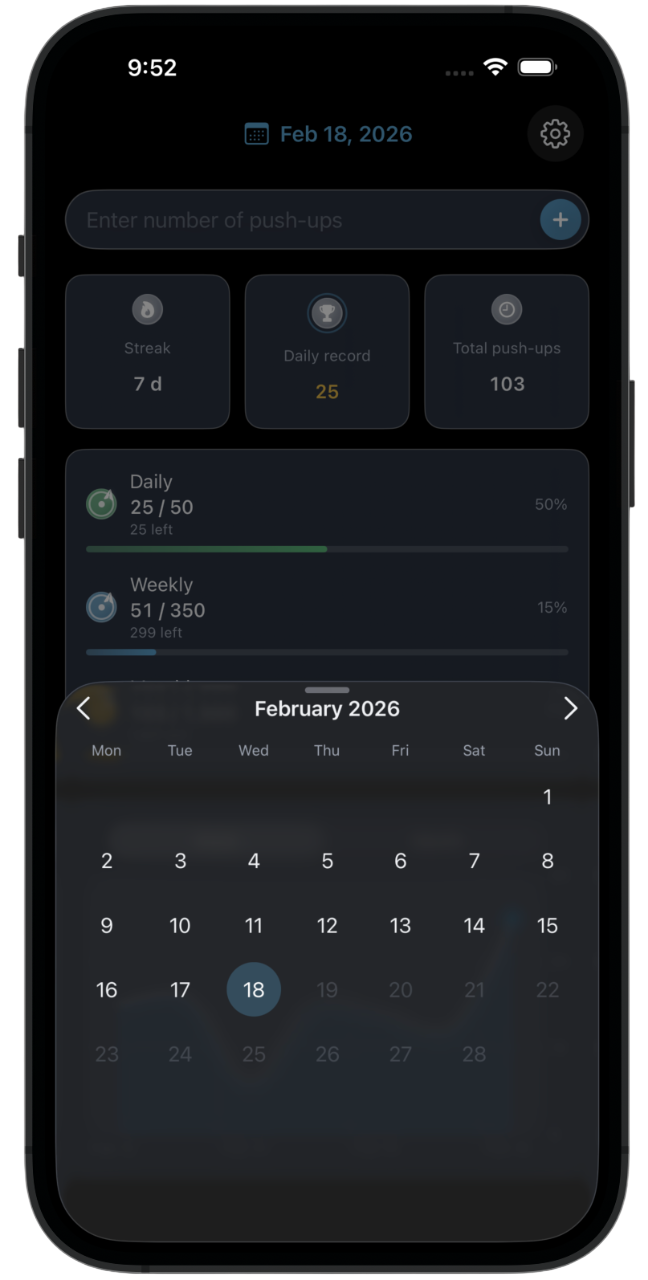 Progress — daily, weekly, monthly goals and chart